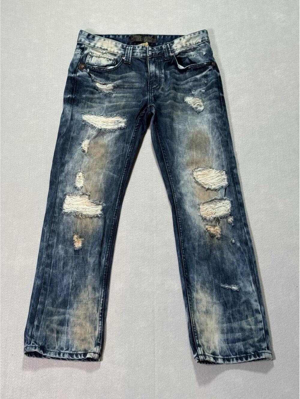 Level 7 Regular Fit Blue Denim Jeans Men Distressed Button Logo Pockets